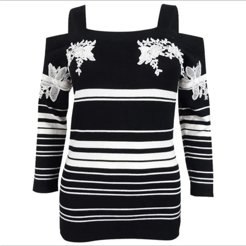 Women’s INC XXL Black White Striped Embroidered Cold Shoulder Sweater - Picture 1 of 12